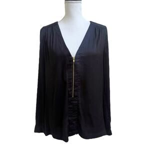 A.L.C. Womens Blouse Top Sz XS Black Exposed Gold Zipper V Neck Long Slv Flowy